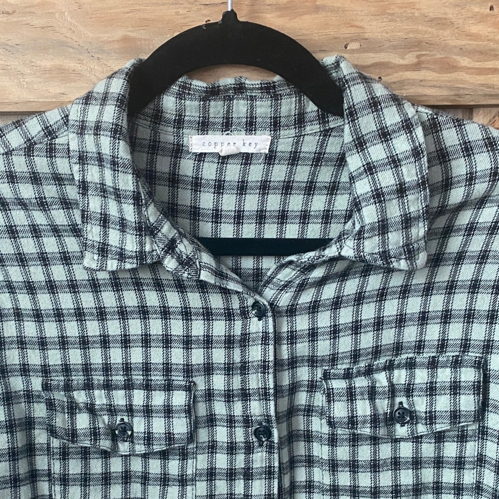 Copper Key, black and green button up flannel shirt.